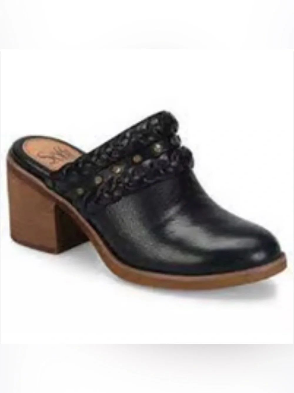 Sofft SOLANO Black Leather Studded Braid Stacked Block Heel Slide Mule Shoes